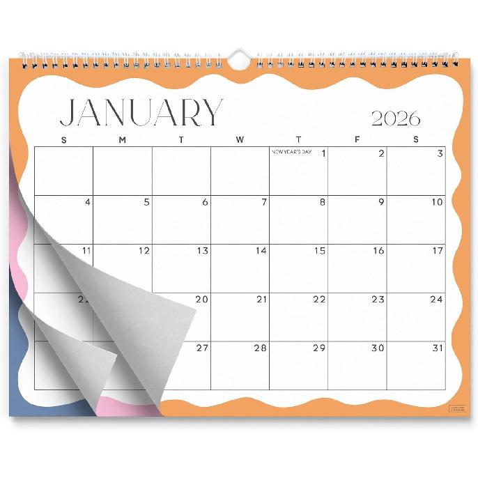 S&O Modern Wavy 2026 Wall Calendar - Tear-Off Monthly Calendar through December 2026-18 Month Academic Wall Planner - Hanging Organizer to Track