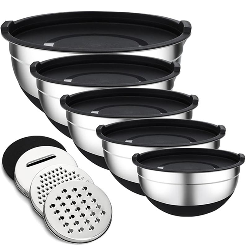 

Mixing Bowls with Lids Set, 5 Pcs Stainless Steel Mixing Bowls with 3 Grater Attachments, Non-Slip Silicone Base