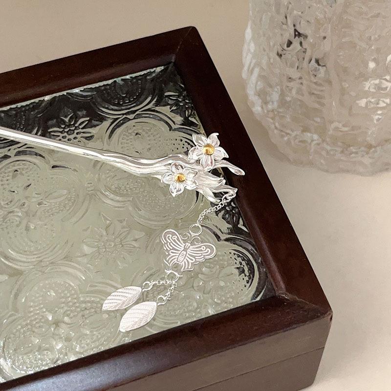 Sterling Silver Narcissus Tassel Hairpin: Modern Chinese Hanfu Updo Accessory