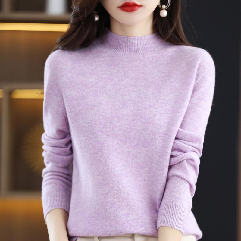 Women's Seamless Wool Knit Sweater - Short, Loose, Half-High Neck, Solid Color for Autumn and Winter