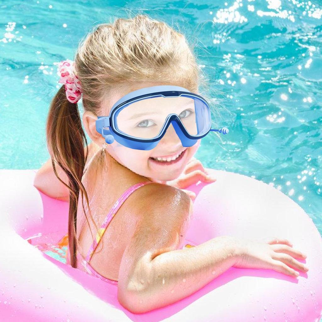 Schwimmbrille für draußen, großes Gestell, wasserdicht, beschlagfrei, UV-Schutz, mit Ohrschützern für 3-15 Jahre