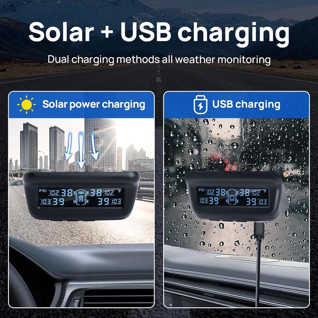 Tire Pressure Monitoring System, RV/Trailler TPMS With Solar Charging & Auto Calibration, M13 LCD Display Tpms 4 Sensors (0-87PSI)