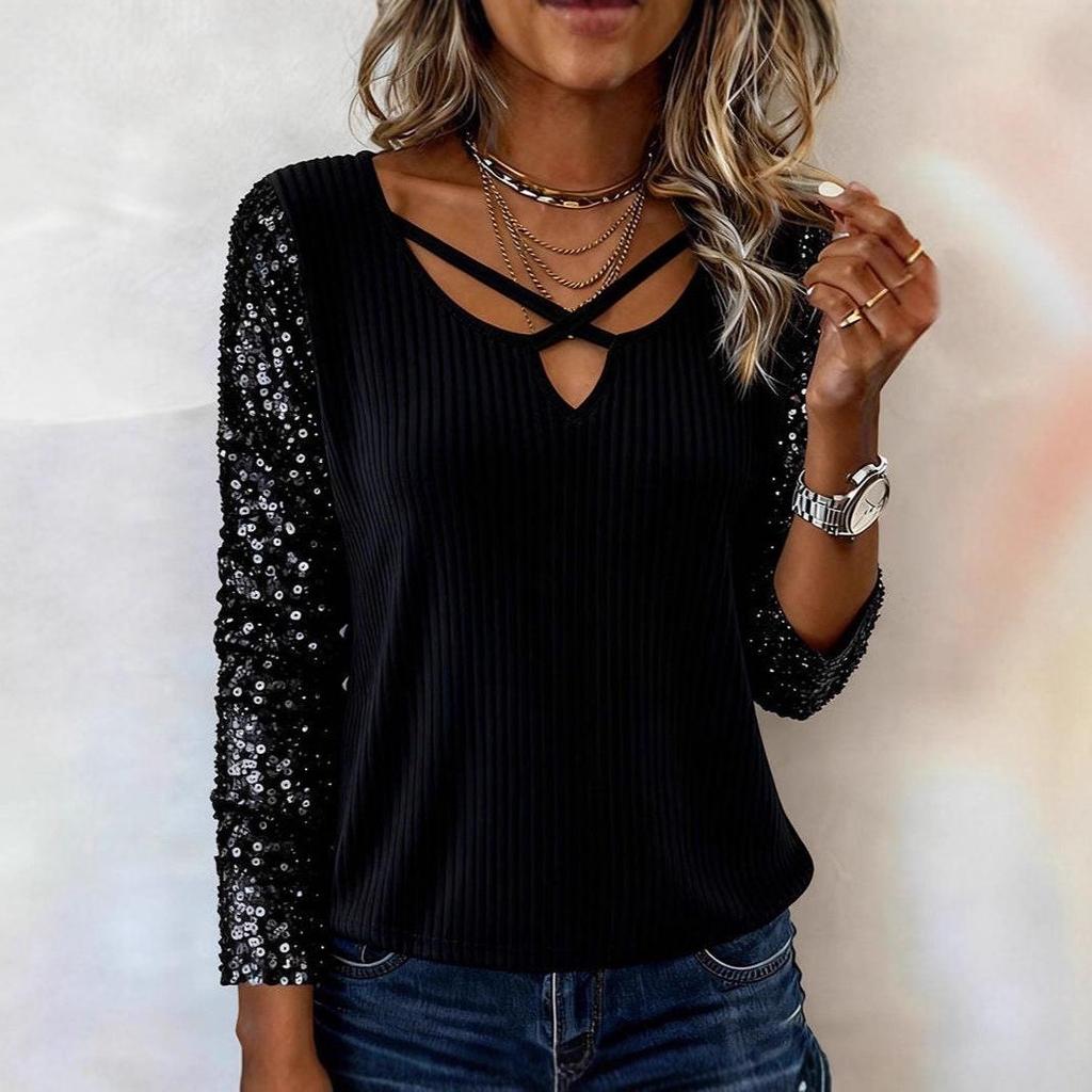 European-American Fashion Sequin Patchwork V-neck Long Sleeve Women's Top