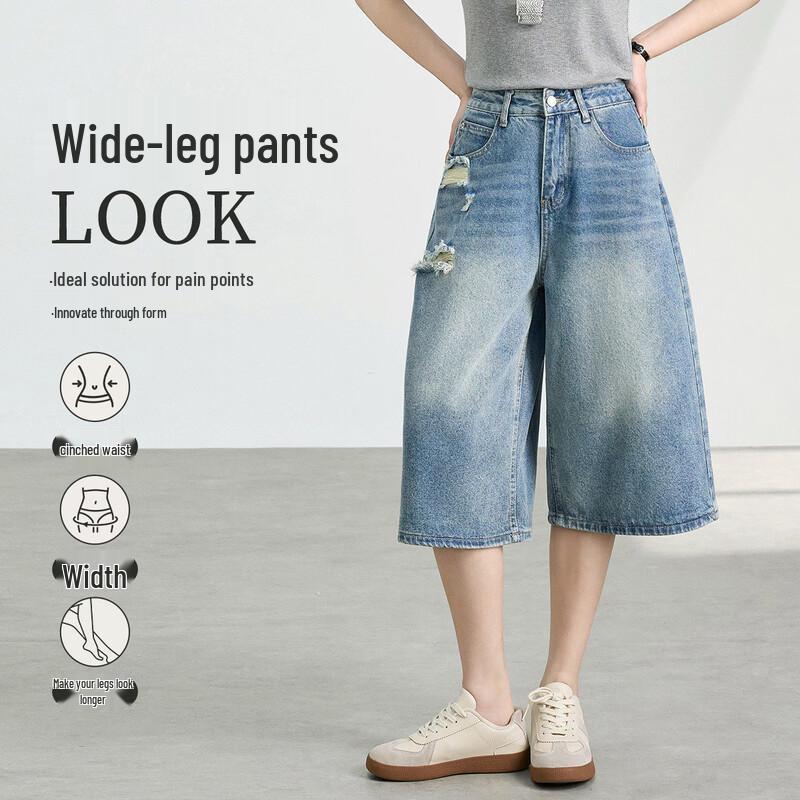 FivePlus Vintage Distressed Wide-Leg Cropped Jeans S
