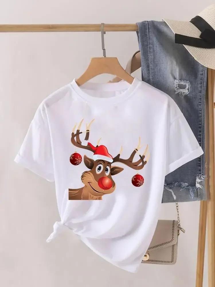 Reindeer Santa Hat Christmas TShirt Womens Short Sleeve Retro Casual Top Red Nose Reindeer with Santa Hat Christmas Ball Print S