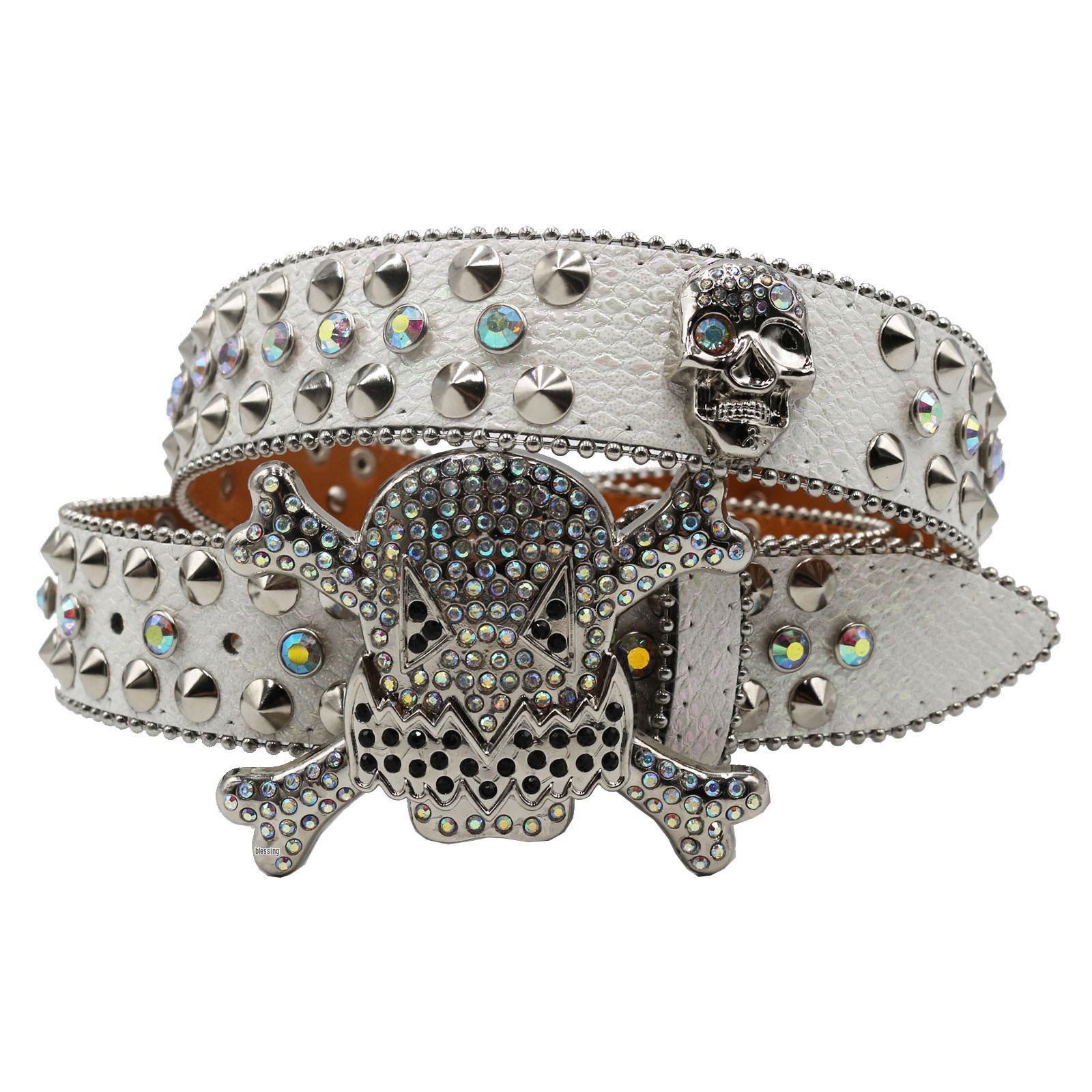 

Унисекс кожаный ремень с rhinestone черепом - Европейский и американский тренд, Ручная работа, Модный аксессуар 115 cm белый