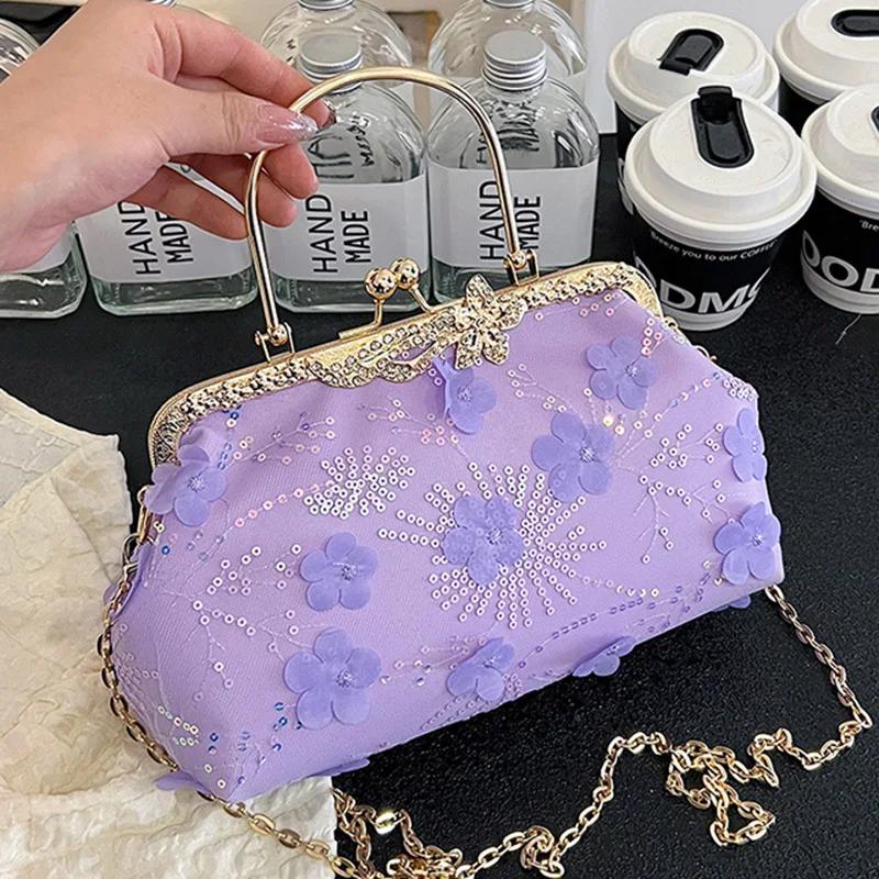 Luxury Appliques Sequins Handbags for Women Wedding Party Clutch  Chain Messenger Bags Metal Hasp Totes  White Gold Purse