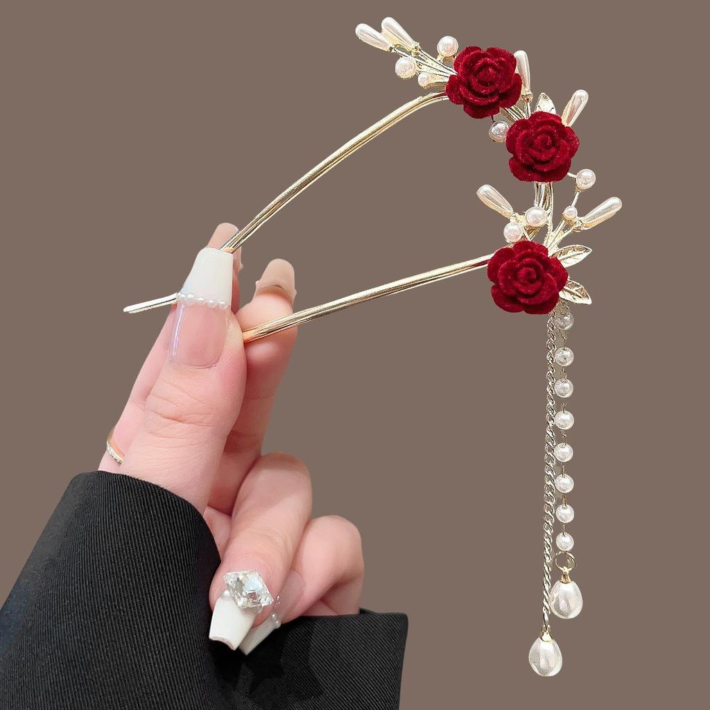Elegant Red Rose Tassel Hairpin - U-shaped Hair Accessory for Women, Perfect for Updos and Traditional Attire.