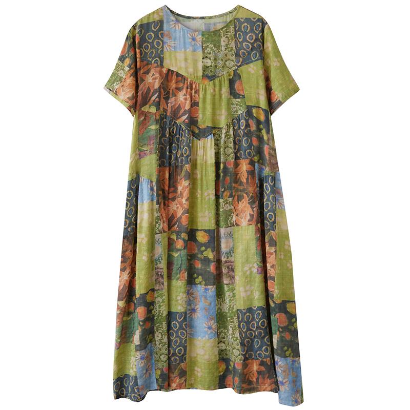 DIMANAF 2025 Summer Women Vintage Plus Size Long Printing Dress Short Sleeve Casual O-Neck Basic Fashion Loose Dress