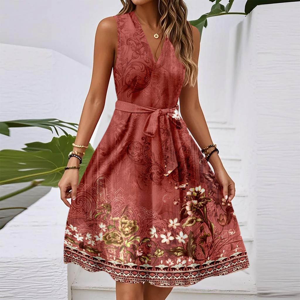 Women's Spring And Summer Casual V-Neck Sleeveless Waist Floral Print Midi Dress