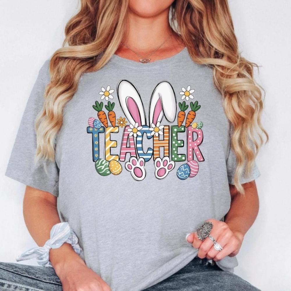Easter Teacher Bunny School Coquette Bow Printed TShirt Women Unisex Casual Cotton T Shirts Creative Streetwear Tops Tee Aesthetic