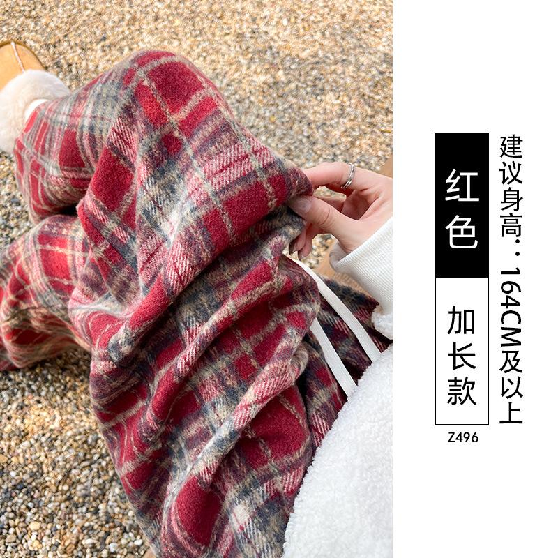 Blue Woolen Plaid Casual Pants Women's Autumn and Winter New Lazy Loose Fleece Thin Straight Wide-leg Pants