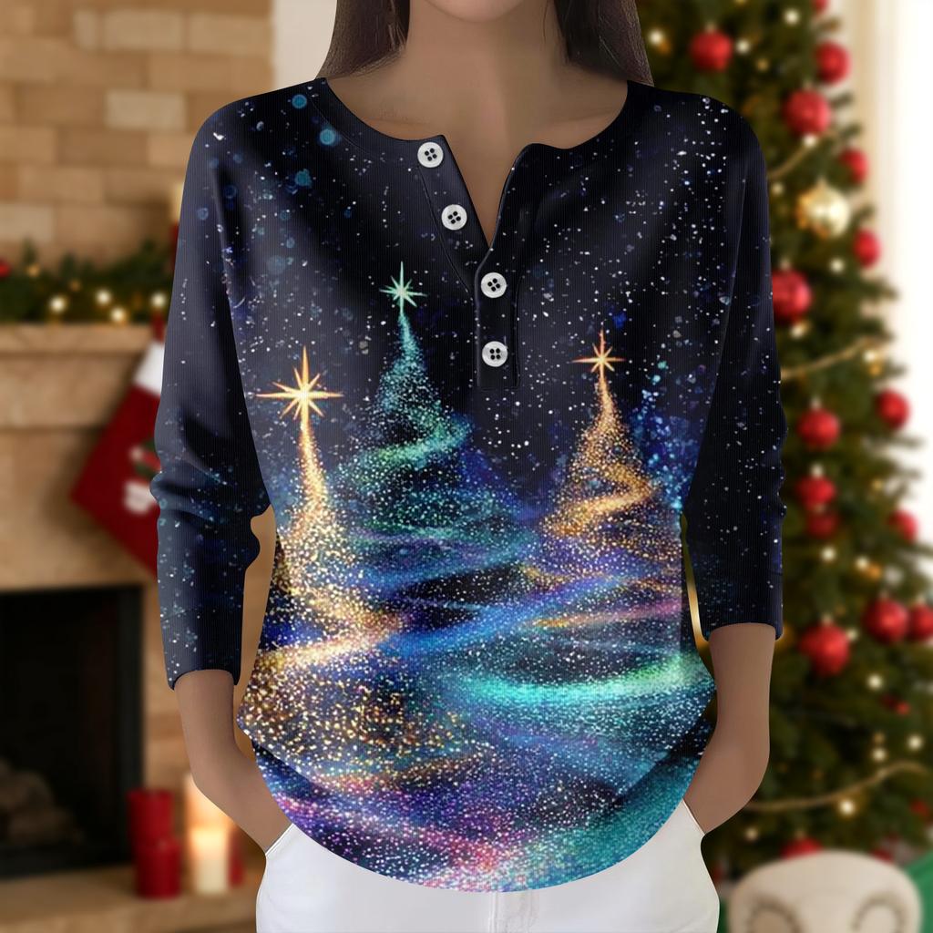 Women's Fashion Long Sleeve Christmas Snowflake Print Top Elegant Casual Top