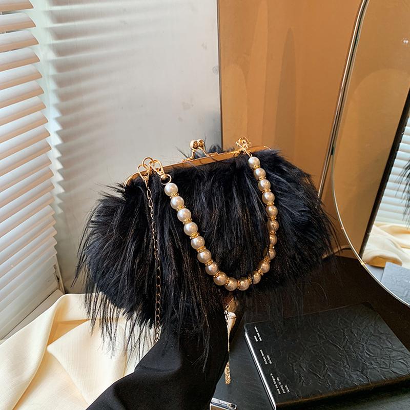 

Yogodlns Роскошная вечерняя сумка из искусственного меха Пушистая однотонная сумка через плечо Большой вместимости Клатч с ручкой из жемчуга Сумка через плечо для женщин 20x9x15cm белый