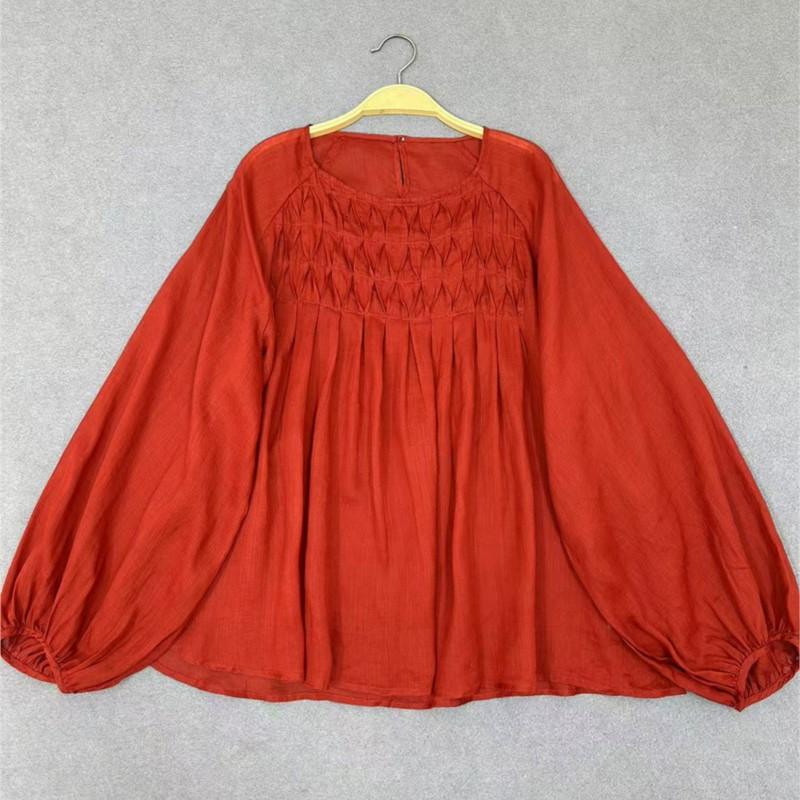 Johnature Summer Japanese Korean Forest Retro Round Neck Pressed Pleats Versatile Loose Shirts Casual Thin Women Tops