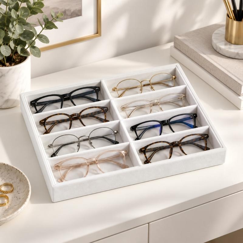 Open Glasses Storage Tray with 8 Separate Compartments, Single-Level Fabric-Covered Layout for Visible Eyewear Storage