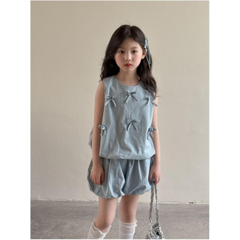 

Летний комплект для девочек с бантом, майка-топ + брюки-поды, милый комплект из двух предметов 90 синий