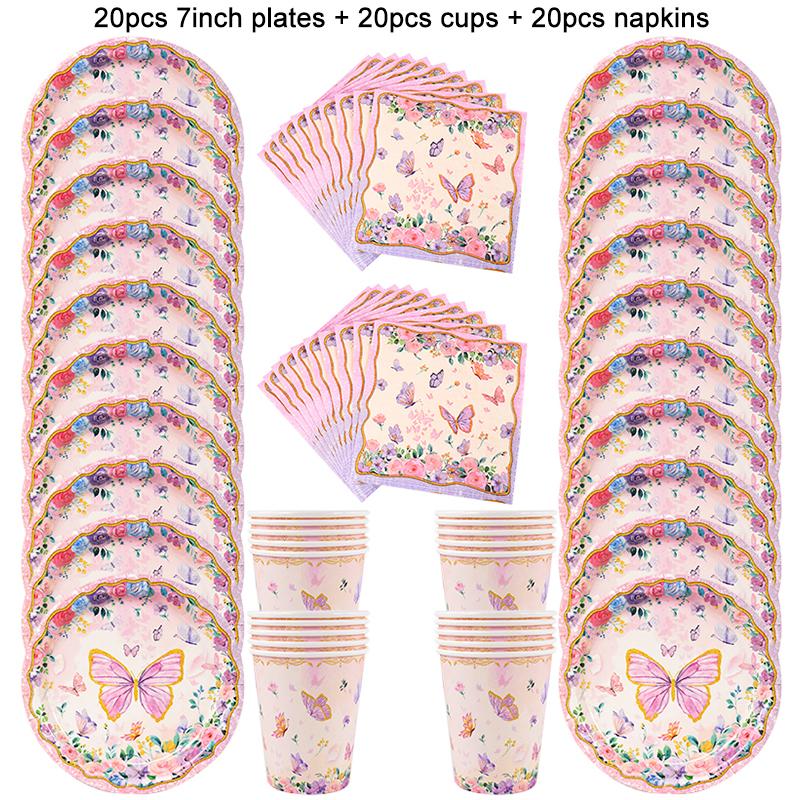 Pink Butterfly Disposable Tableware Set Paper Plates Cup Tablecloth Girls Butterfly Theme Birthday Party Decoration Supplies