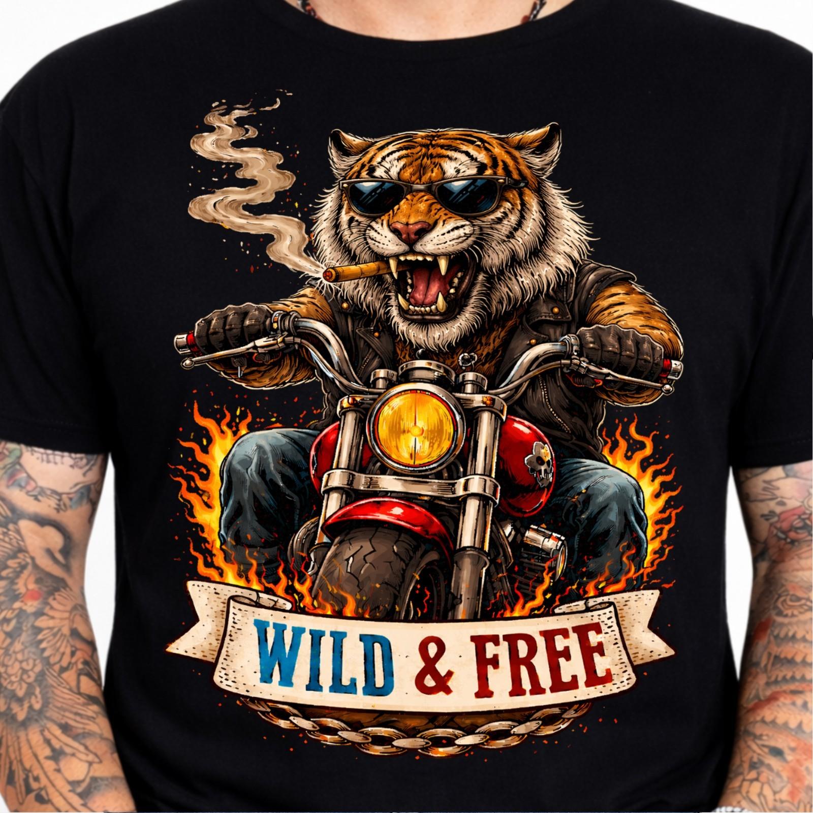 Wild & Free Tiger Biker Motorcycle Chopper Flames Funny Animal Graphic T-Shirt. XS
