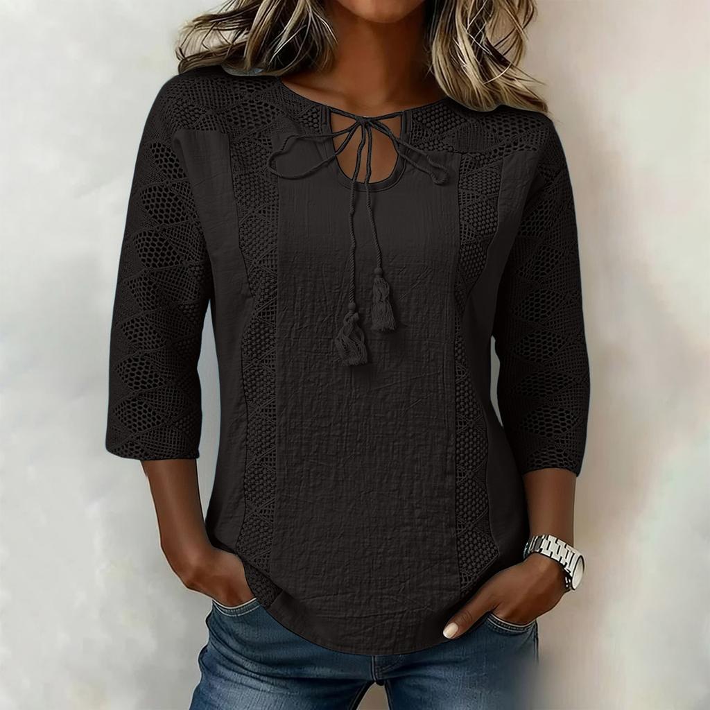 Womens Spring Tops Lace Patchwork 34 Sleeve Summer Shirts for Women Casual Loose Womens Summer Shirts Blouse