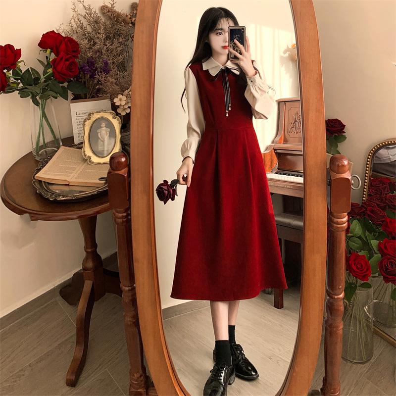 Leicht fette mm Französisches College-Kleid Herbst und Winter Neu Langärmliges Fake-Zweiteiler-Kleid, Dünnes Literarisches Mori-Langes Kleid