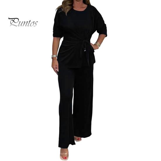 

Женский комплект из 2 предметов: топ и брюки, круглый вырез, длинные рукава, шнуровка, плиссированная блузка, эластичный пояс, широкие брюки, повседневный спортивный костюм на осень и весну XL чёрный