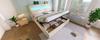 Modern Hydraulic Bed with High Headboard, 160x200cm Double with LED Lighting, Storage Space & USB/Type-C Ports, in Linen Look Beige (With Mattress)