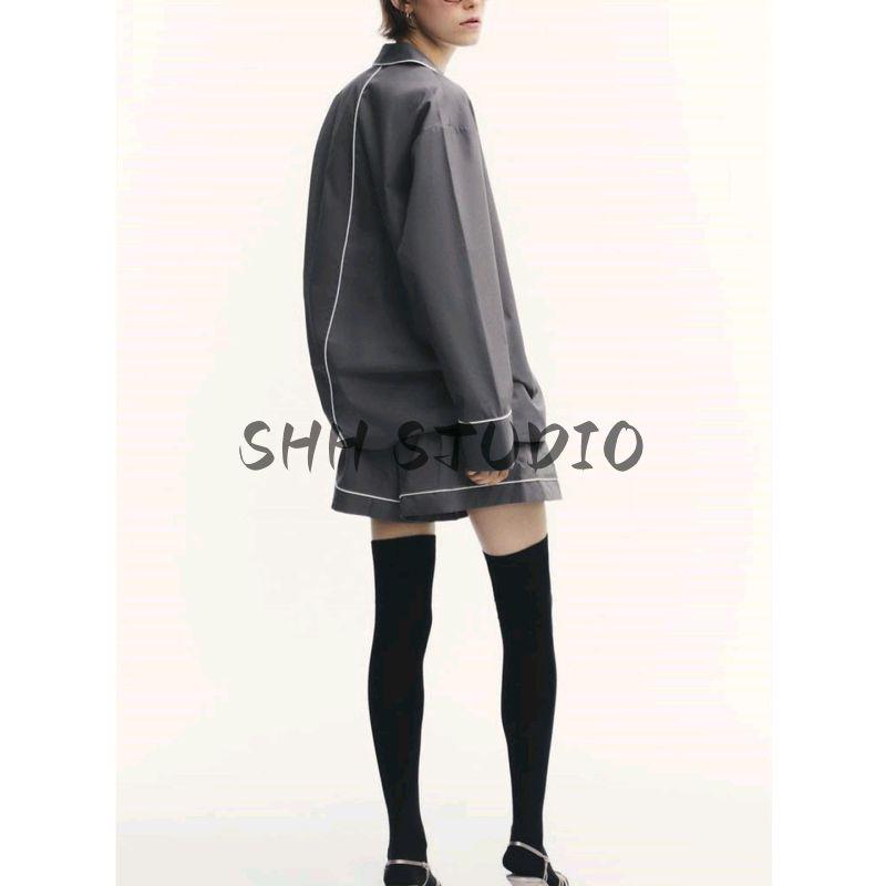 Autumn Suit Trim Poplin Long Sleeves Shirt 5063116 Shoelace Loose Mid Waist Shorts 1255535