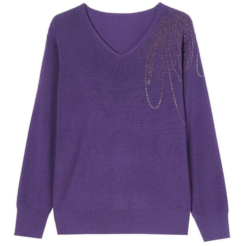 Spring Autumn Women's V-Neck Knitted Sweater Loose Solid Pullover Knitwear Thin Rhinestone Knit Top