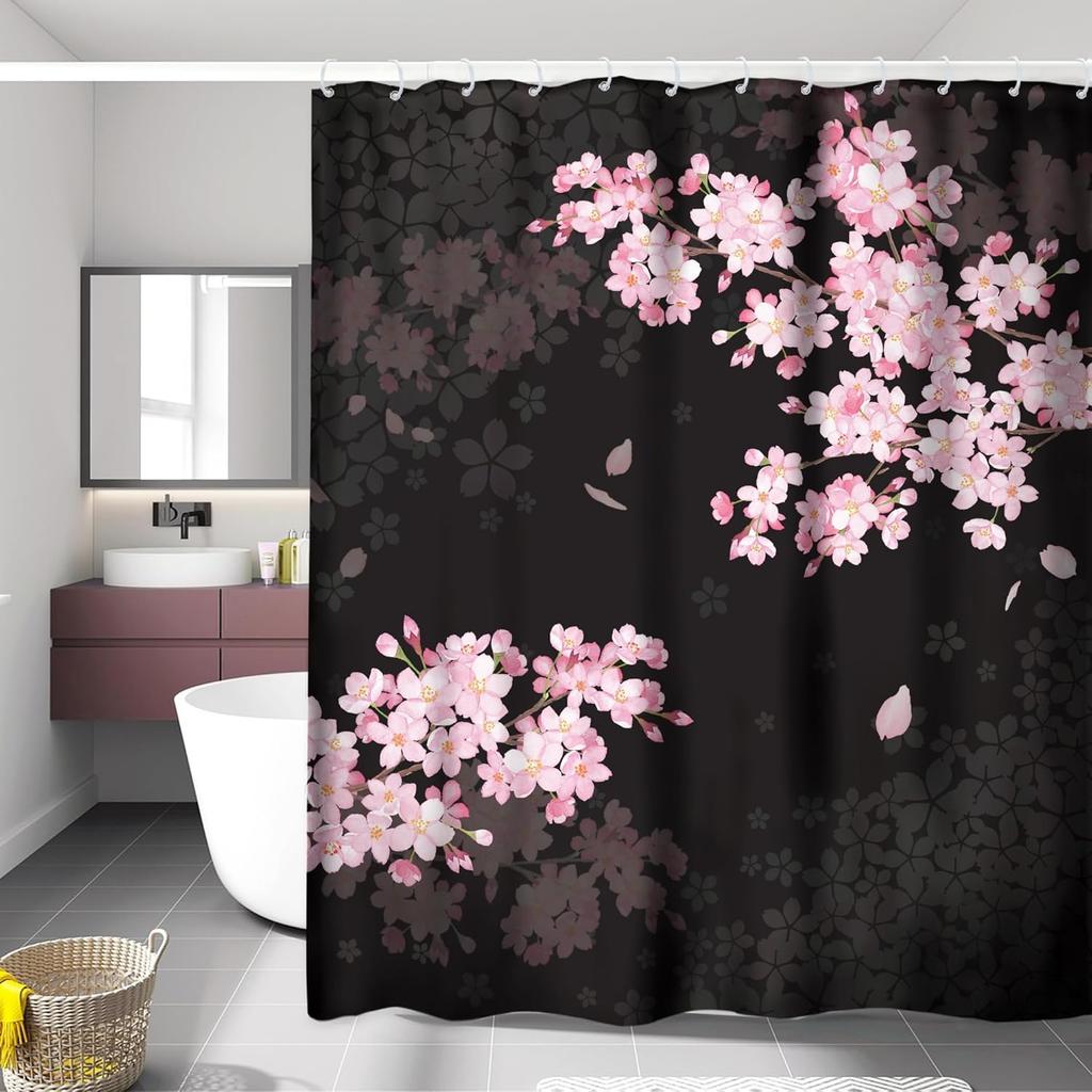 Czarny Kot Księżyc Zasłona Prysznicowa Mistyczna Noc Kwiat Wiśni Kwiatowy Gotycki Nowoczesny Estetyczny Tkanina Wodoodporny Poliester