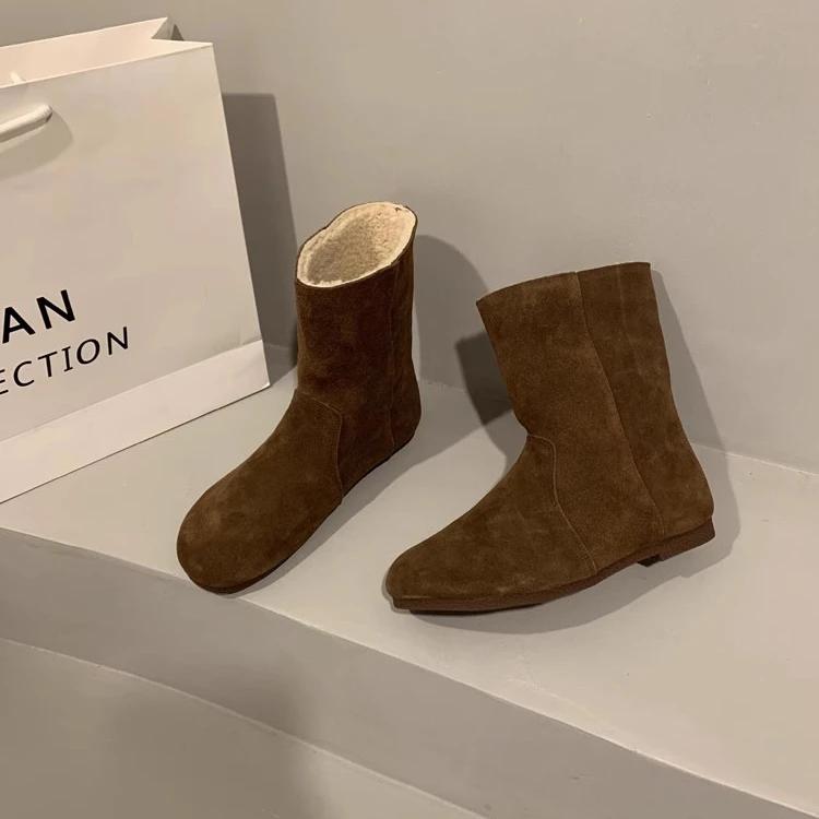 Retro Damenstiefel High-Top Damenschuhe Winter Damen-Schuhwerk Plüsch Kurze Stiefel Damen Runde Zehenpartie Mode Wildlederstiefel Botas