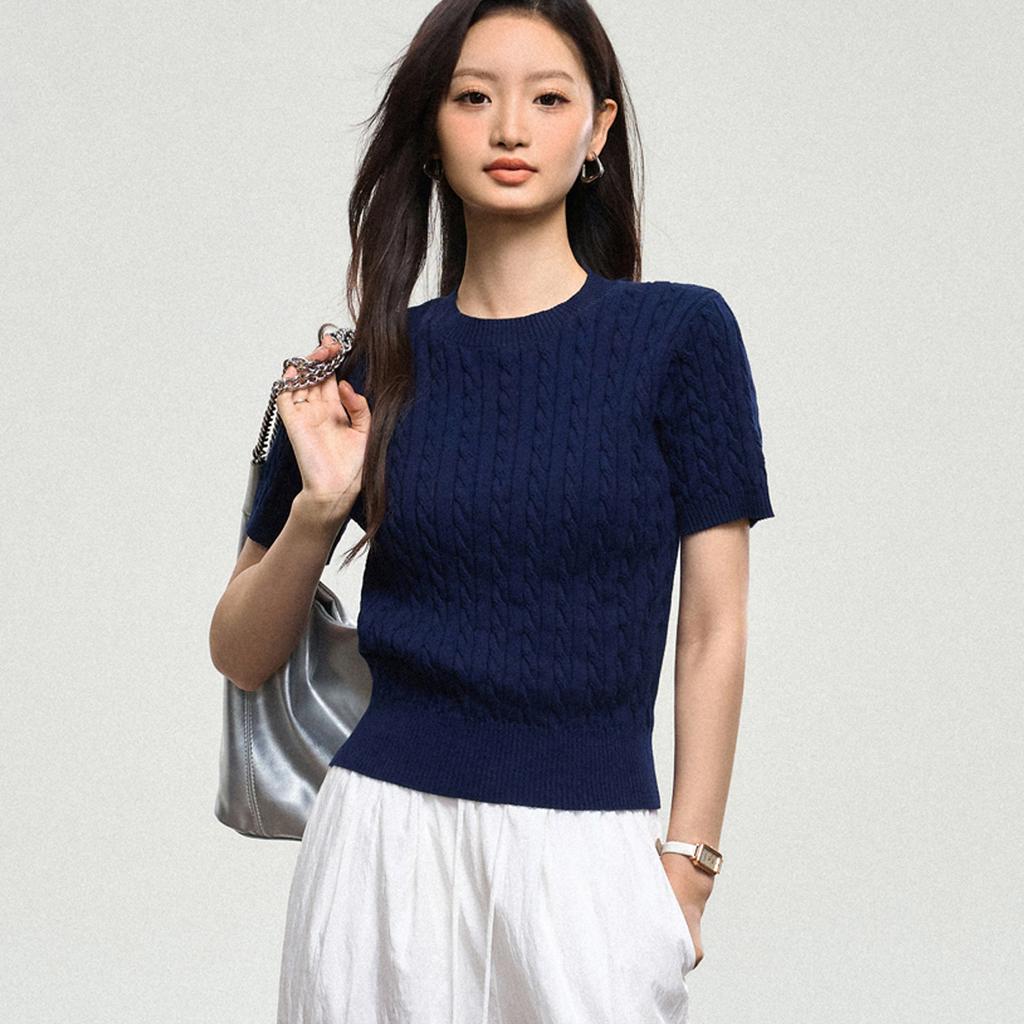 % Cotton knitted sweater women's summer new temperament high-end sense thin twist thin short-sleeved crew neck top thin