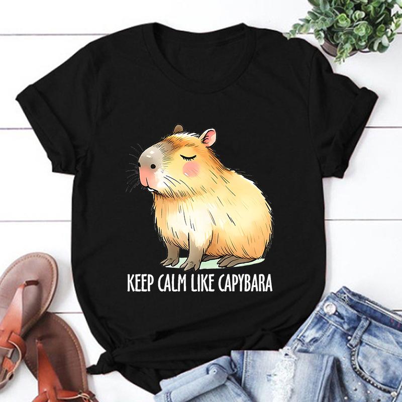 Keep Calm Like Capybara Printed T-Shirts For Women Summer Short Sleeve Tee Shirts Round Neck Casual Summer Unisex Tops