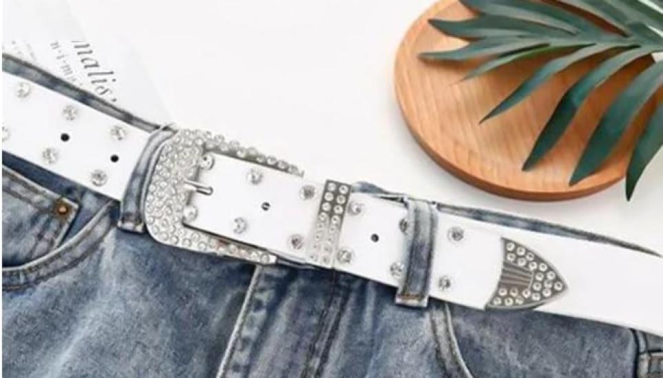 [FleurUneffe] J25 Golf Belt, PU Leather, Men's, Synthetic Leather, White, Rhinestone Studs, Punk, Crystal, Adjustable, Jeans, Golf Wear