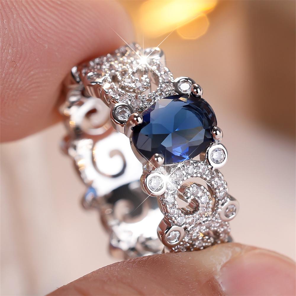 Blue Crystal Oval Stone White Zircon Rings For Women Vintage CopperColor Engagement Bands Wedding Jewelry Bridal Versatile Gift
