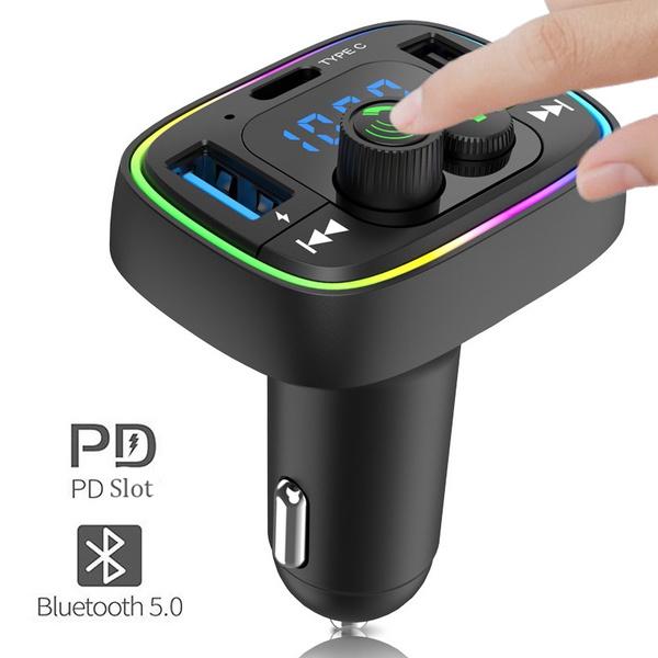 

Автомобильное зарядное устройство с двойным USB и PD, Bluetooth 5,0, MP3-плеер, FM-передатчик, зарядное устройство с двойным USB-портом типа C и атмосферным освещением, поддержка U-диска, TF-карта