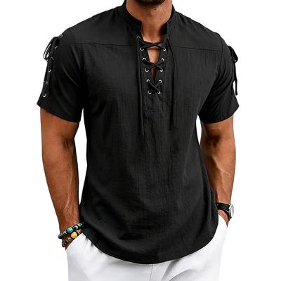 Camicia Henley da Uomo con Collo alla Mandarina e Lacci, Manica Corta, Dettagli in Pizzo sul Davanti e sulle Spalle, Top Tunica Casual Estivo da Spiaggia