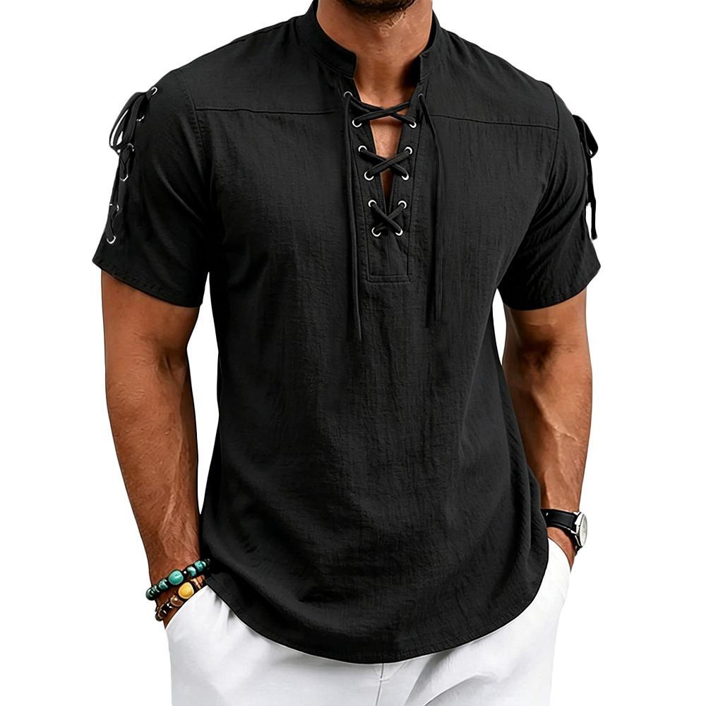 Мужская рубашка-henley с мандариновым воротником, на шнуровке, с коротким рукавом, с кружевной отделкой спереди и на плечах, повседневная летняя туника для пляжа M чёрный
