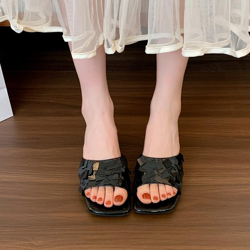 2024 High Quality Women's Shoes Shallow Women's Slippers Fashion Sequins Modem Slippers New Square Toe Heels Women Zapatos Mujer