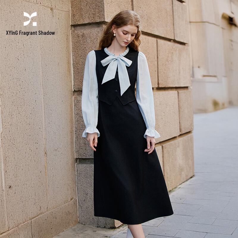 French Style Faux Two-Piece Long Sleeve Dress L