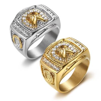 Hip Hop Titanium Steel Gold Plated with Diamond Horse Head Ring for Men Gold Luxury Street Jewelry for Male Rapper Finger Ring