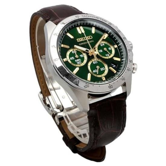 SEIKO 1/5 Second Chronograph Quartz Wristwatch Mens SBTR017 Green Brown Leather