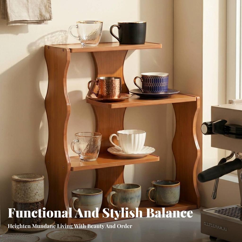 Tabletop Rack Curved Side Panel Wooden Tea Cup Warm Brown Finish Storage Stand