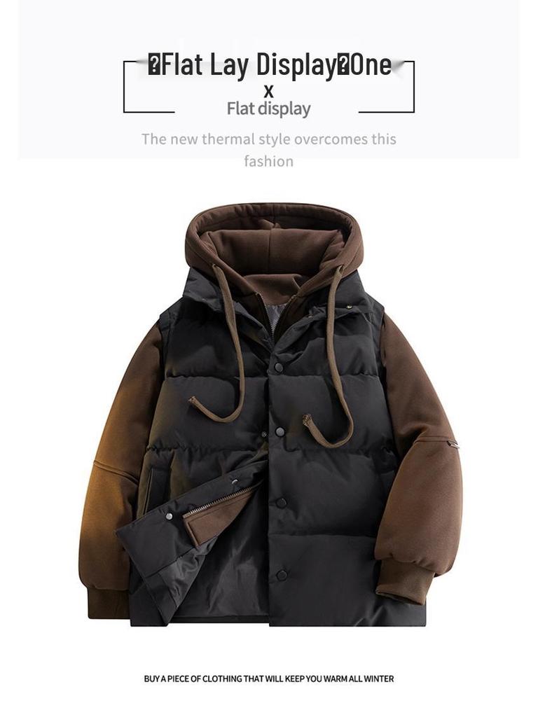 Men's Faux Two-Piece Hooded Puffer Jacket - Thick, Warm, Loose Fit