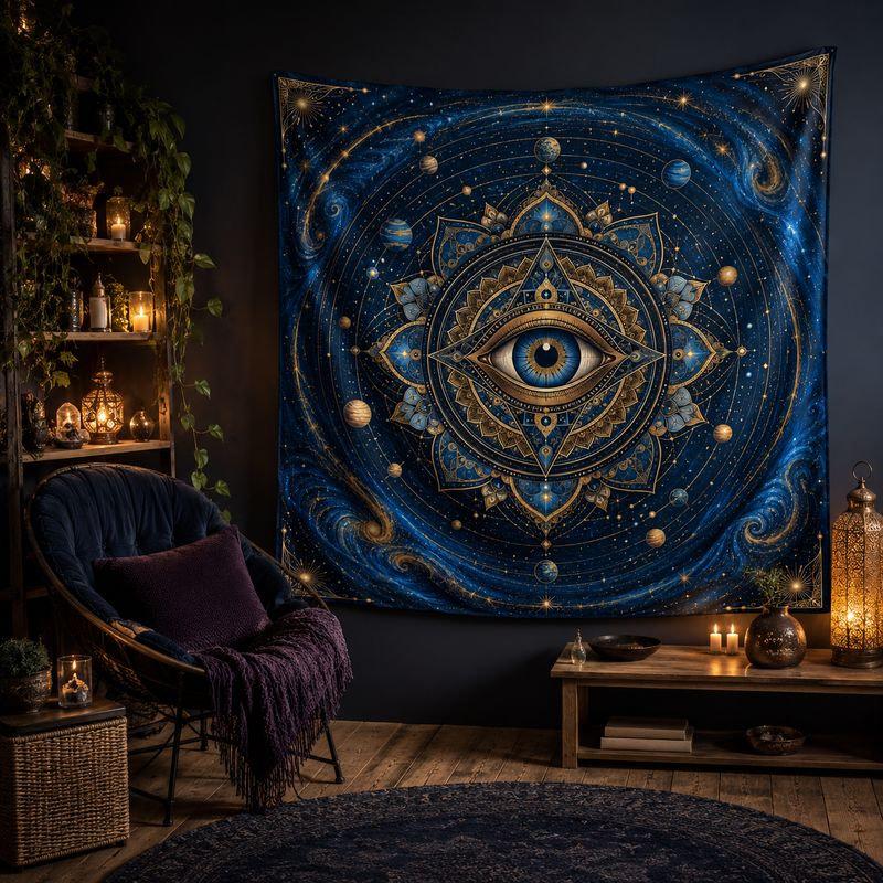 Moon Phases and Star Tapestry Wall Hanging Dark Navy Celestial Silver Mystic Lunar Aesthetic Wall Art Bedroom Dorm Decor