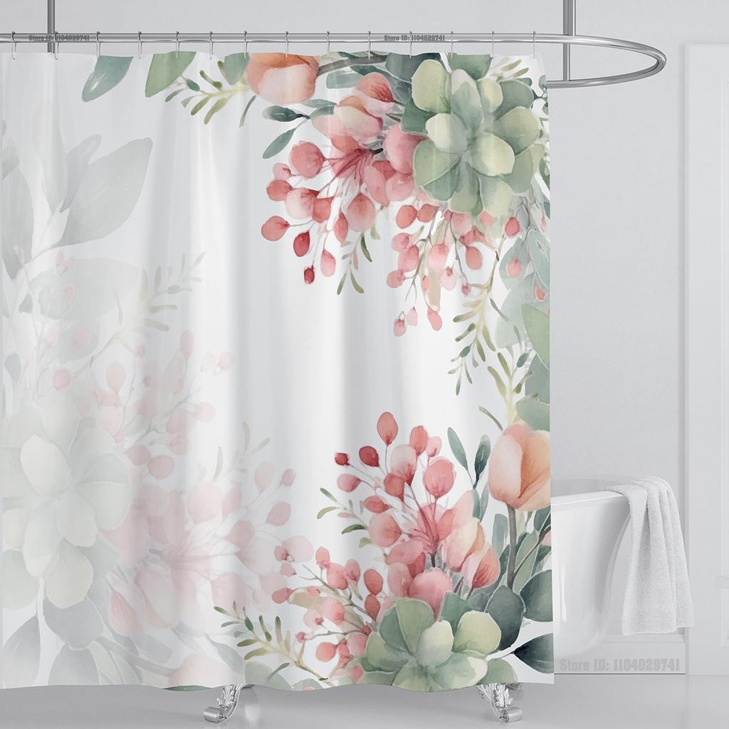 Watercolor Leaves on The Top Plant with Floral Bathroom Greenery Leaf Decoration Watercolor Botanical Shower Curtain with Hooks
