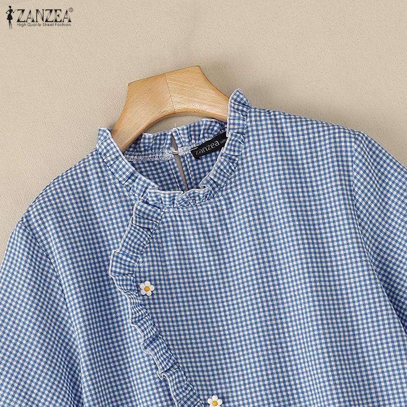 ZANZEA Women Casual Round Neck Plaid Print Loose Short Sleeve Blouse