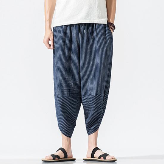 Pánské letní zkrácené kalhoty Elastická šňůrka v pase Mrkvové kalhoty Vertikální pruhovaný potisk Harémové kalhoty Streetwear