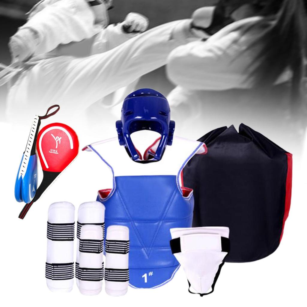6 Pieces Taekwondo Protective Gear Set Crotch Protector with Shin Arm Guards 150 to 160cm Blue