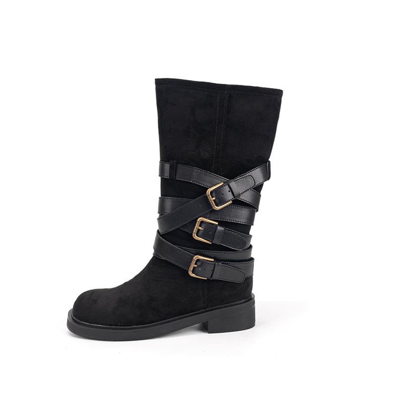 Retro niche belt buckle thick heel Martin boots 2025 new autumn and winter round head versatile sleeve locomotive boots women